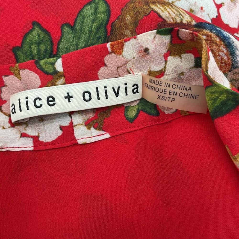 Alice And Olivia Vibrant Red Floral Tie Neck Ruffle Hem Dress Size XS - Picture 4 of 6